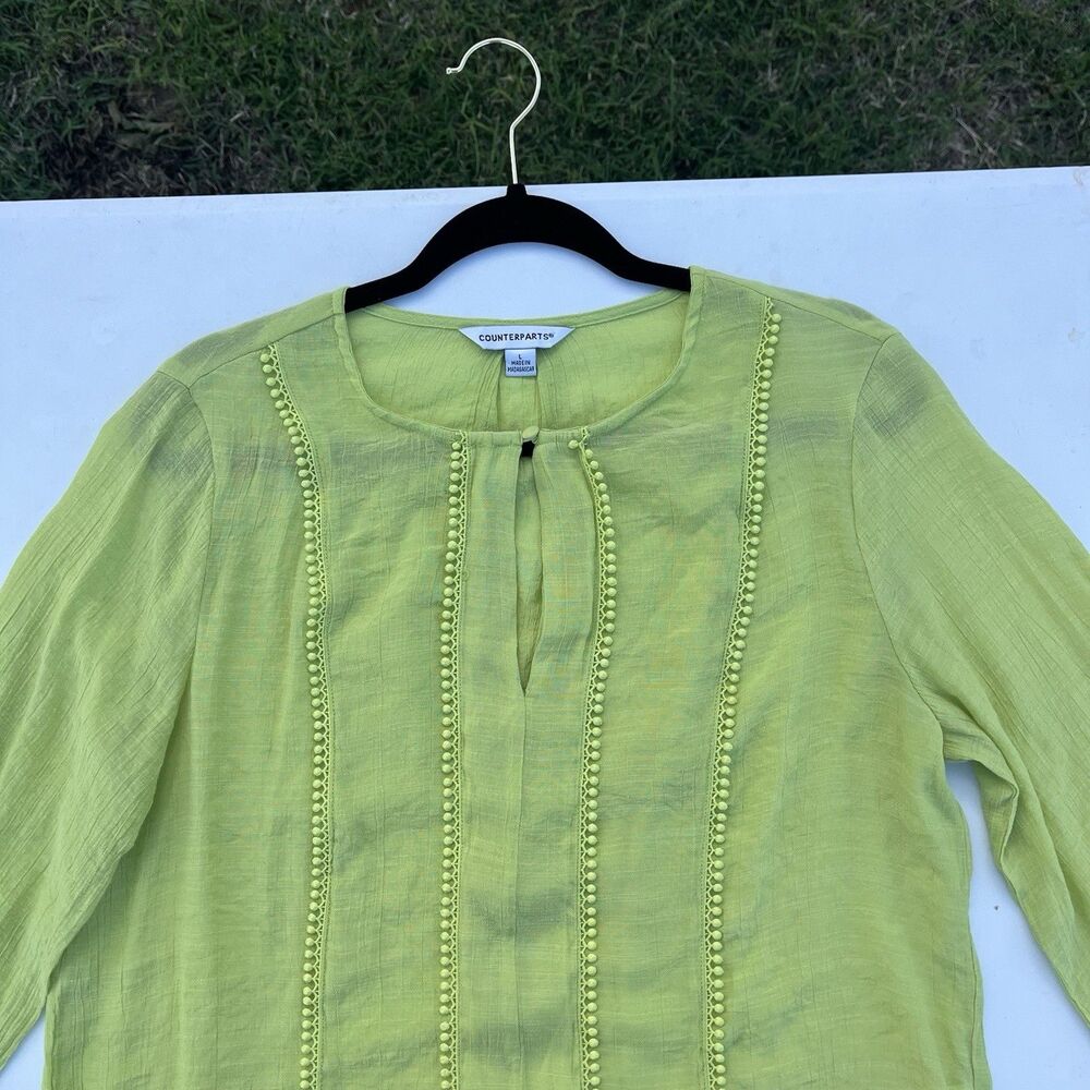 COUNTERPARTS LIME GREEN SIZE LARGE LONG SLEEVE BLOUSE with POM POM TRIM DETAILS